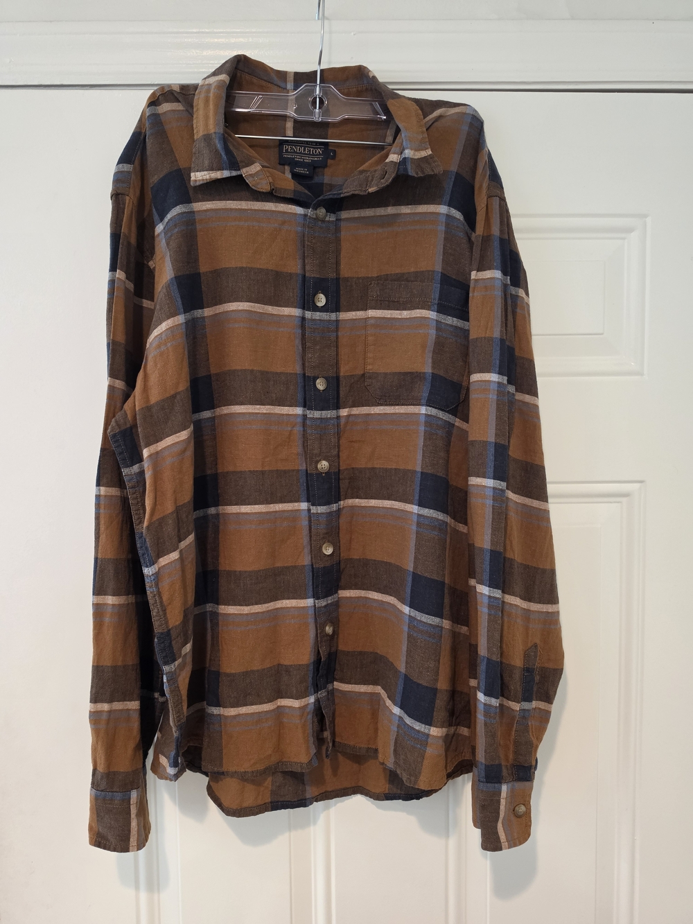Pendleton Men's Brown and Navy Plaid Button-Down Shirt